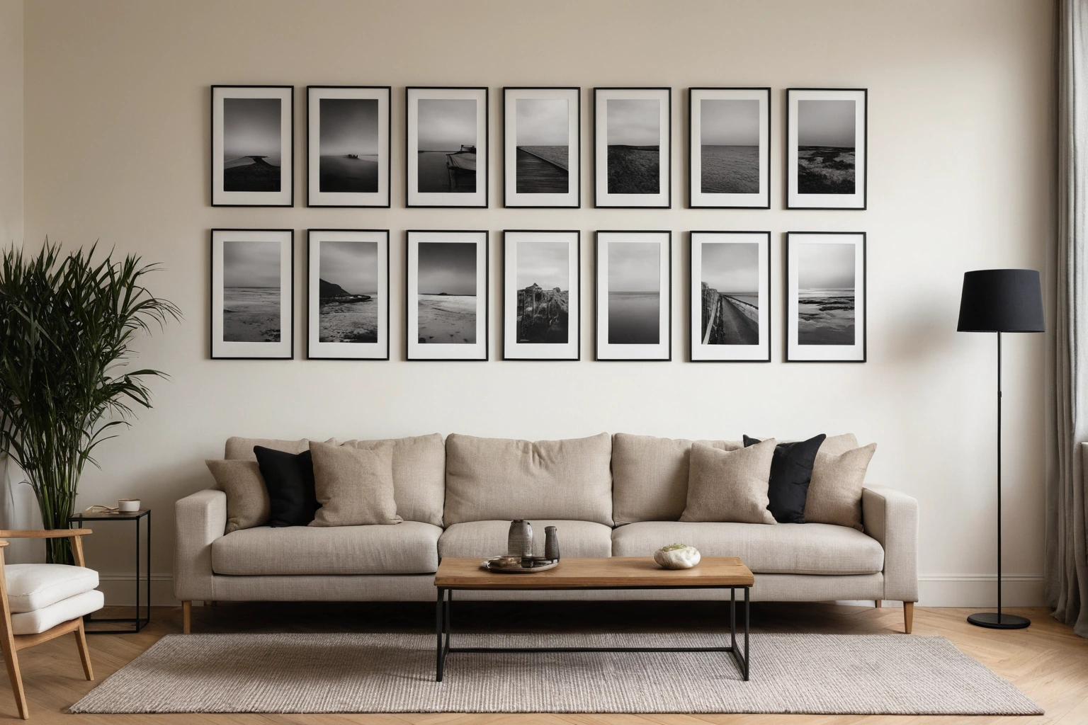 Стена гостиной с сеткой из фотографий в тонких чёрных рамах над низким диваном